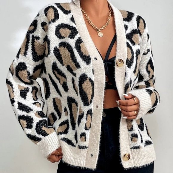 Boho Leopard Pattern Button Front knit sweater Cardigan - Picture 2 of 6